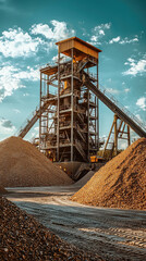 large industrial sand and gravel plant with towering machinery and piles of materials under bright blue sky. scene conveys sense of robust activity and productivity