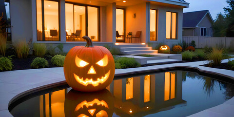 halloween pumpkin on the pool