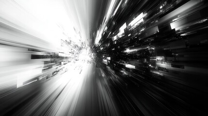 dynamic black and white abstract design featuring glitch textures and motion blur evokes a sense of chaotic movement and modern aesthetics