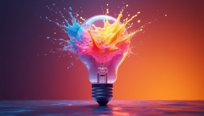 a lightbulb bursts open, releasing a vibrant explosion of colorful liquid against a gradient backgro