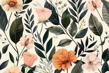 Wall Mural - seamless pattern background featuring a collection of vintage botanical illustrations with flowers a