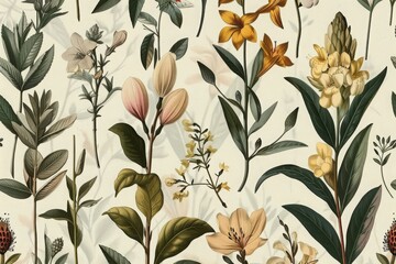 Wall Mural - seamless pattern background featuring a collection of vintage botanical illustrations with flowers a