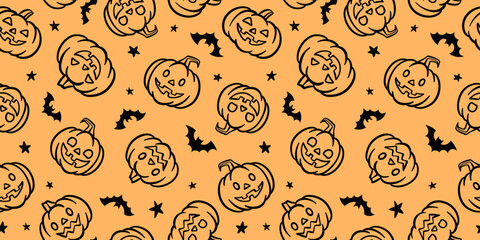 Poster - Halloween wallpaper, cute seamless repeating vector pattern with cartoon doodles, pumpkin and bat illustrations, festive banner design