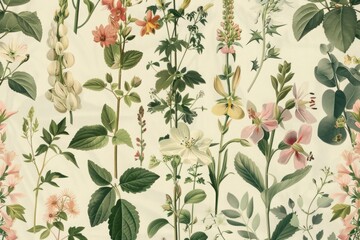 Wall Mural - seamless pattern background featuring a collection of vintage botanical illustrations with flowers a