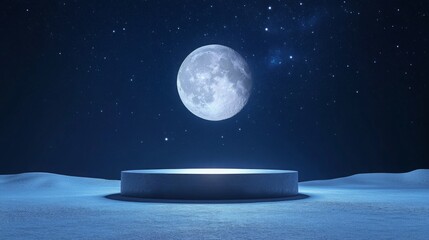Poster - The full moon casts a soft glow over a tranquil lunar landscape, featuring a smooth circular platform. Stars sparkle in the dark sky, creating a peaceful atmosphere in this otherworldly setting.