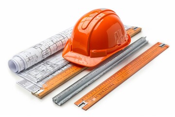 Hard hat, blueprints, and rulers isolated on a pristine white backdrop