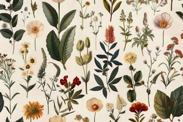 Wall Mural - seamless pattern background featuring a collection of vintage botanical illustrations with flowers a