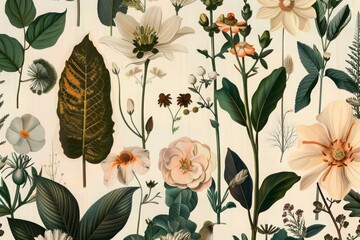 Wall Mural - seamless pattern background featuring a collection of vintage botanical illustrations with flowers a