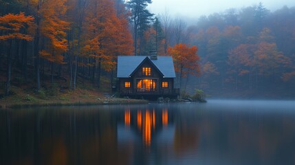 Poster - A charming cabin stands by a tranquil lake surrounded by colorful autumn trees. The soft morning mist enhances the serene atmosphere as warm lights sparkle from the windows.