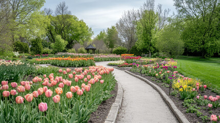 A seasonal flower garden with rows of blooming tulips in spring, transitioning to vibrant summer blooms, creating a year-round floral display