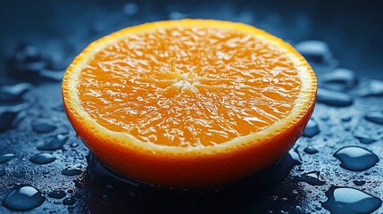 Wall Mural - A close-up of a juicy orange half, glistening with water droplets.