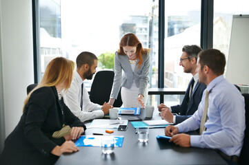 Poster - Meeting, funding or business people on tablet in presentation for feedback, discussion or teamwork. Financial, touchscreen and woman in office talking for news review, proposal and planning online