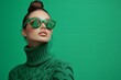 © World of AI - Beautiful woman with sleek high ponytail wearing green Christmas tree shaped glasses , green turtleneck cable knit sweater, green background