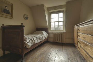 A Single Bed in a Room with a Wooden Dresser and a Window