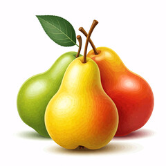 fresh green yellow and red pears with leaf on white background