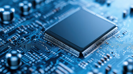 Poster - High tech microprocessor on blue circuit board with intricate details