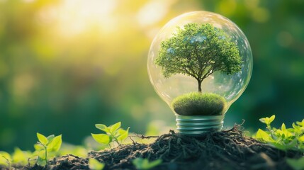 Poster - Tree in Transparent Bulb with Roots and Bright Background