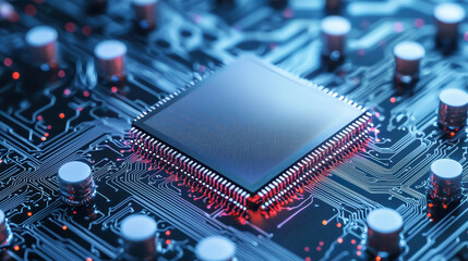 Poster - High tech microchip on circuit board with intricate details and glowing elements
