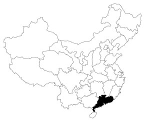  Map of Guangdong province in China country on white background. single province map highlighted by black colour on China map. East Asia, CN, people's republic of China, PRC