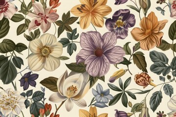 Wall Mural - seamless pattern background featuring a collection of vintage botanical illustrations with flowers a