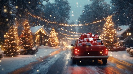 Poster - A red car, piled high with colorful wrapped gifts, drives along a snow-covered road.
