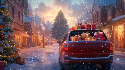 Aufkleber - A red car loaded with colorful presents is parked on a snowy street, surrounded by twinkling lights and a tall Christmas tree under a gentle snowfall.