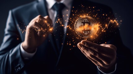Poster - A businessman holding a Bitcoin symbol as financial graphs and charts behind him show the cryptocurrency's value soaring upward.