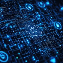 Fototapete - A digital background featuring cybersecurity symbols and a secure padlock, representing data protection and technology innovation.