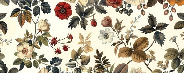 Wall Mural - seamless pattern background featuring a collection of vintage botanical illustrations with flowers a