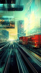 Fototapete - Futuristic cityscape with abstract structures and light trails, conveying speed and technology in a digital world.