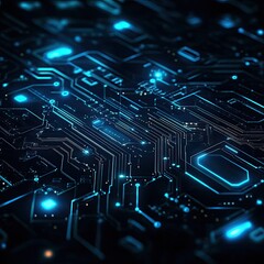 Poster - Abstract digital circuit board with glowing blue lines and lights, perfect for technology and innovation themes.