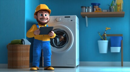 Poster - A cheerful technician character stands next to a washing machine with a tablet, ready to fix any issue with a smile, ideal for home repair themes.