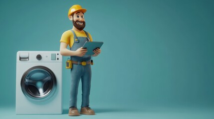 Poster - A cheerful technician character stands next to a washing machine with a tablet, ready to fix any issue with a smile, ideal for home repair themes.