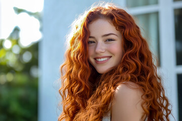 A beautiful young woman with long, red, curly and wavy hair is twirling her hair in front of a white building.