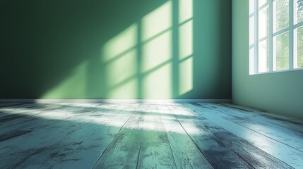 Poster - Sunlight fills an empty room, casting shadows on the green wall and blue floor, creating a peaceful atmosphere. Bright, airy, and cozy, this modern space is inviting and tranquil