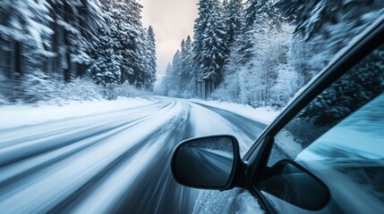 Poster - A car navigates a winding road covered in fresh snow, surrounded by towering evergreen trees. The winter landscape creates a serene atmosphere, while visibility is reduced by the falling snow.
