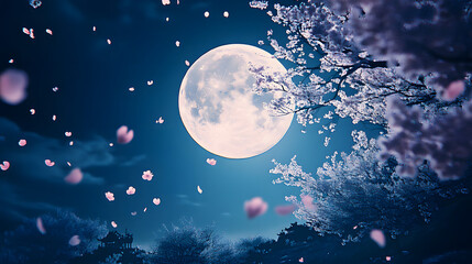 Wall Mural - the moon was bright at night and the cherry trees were falling in the wind