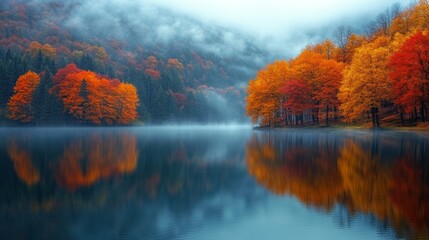 Poster - A calm lake reflects the brilliant colors of autumn foliage, with shades of orange and yellow from the trees lining the shore. Mist hovers over the water, creating a tranquil atmosphere.