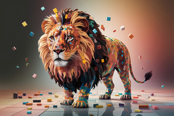 A hyper-realistic hand-drawn digital painting of a lion made entirely of vibrant mosaic tiles.