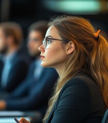 Young businesswoman writing notes during presentation, Generative AI