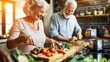 © irissca - Smiling senior couple prepares a colorful plant based meal together in a spacious kitchen filled with sunshine and fresh ingredients