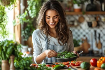 Happy vegan woman preparing a plant-based meal at home, Generative AI