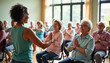© irissca - A senior yoga class takes place indoors as the instructor guides an attentive group in poses, fostering connection and wellness in a serene atmosphere