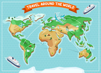  A detailed vector illustration of a world map featuring vibrant colors, clear country borders, and travel icons, perfect for trip planning or educational purposes.