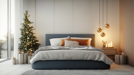 Wall Mural - Cozy Christmas Eve Bedroom with Holiday Decorations