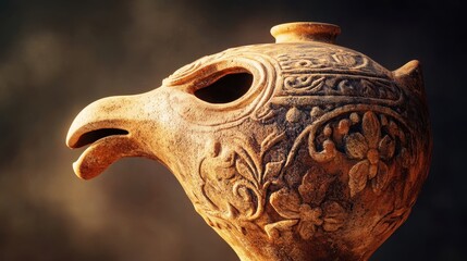 Wall Mural - Close-up of a Roman oil lamp with carved floral designs and an animal-shaped spout rough terracotta with glaze remnants warm lighting