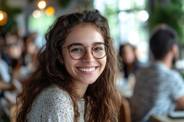 Cheerful young designer sitting in a meeting with her colleagues, Generative AI