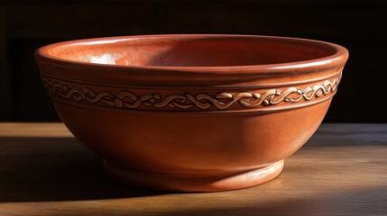 Wall Mural - Roman ceramic bowl with decorative vine and flower band on the rim glossy surface in muted red soft lighting highlighting the details