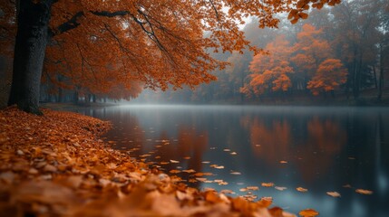 Poster - A serene lake reflects the vibrant orange leaves of autumn trees while morning fog envelops the area, creating a tranquil atmosphere perfect for contemplation.