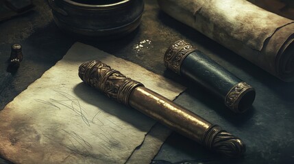 Fototapete - Close-up of Roman bronze stylus with intricate handle next to worn wax tablet and inkpot